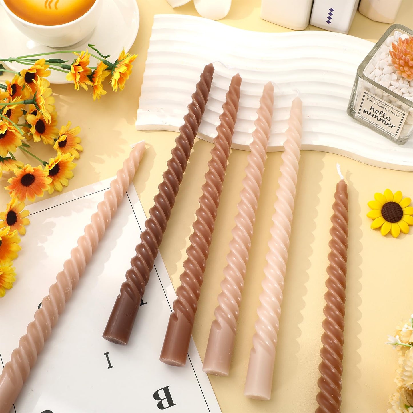 Whaline 12 Pcs Gradient Brown Spiral Taper Candles Dripless Twisted Wax Candles 10 Inch Long Unscented Candle Sticks for Wedding Holiday Fall Party Home Dinner Table Decor