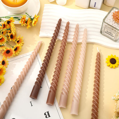 Whaline 12 Pcs Gradient Brown Spiral Taper Candles Dripless Twisted Wax Candles 10 Inch Long Unscented Candle Sticks for Wedding Holiday Fall Party Home Dinner Table Decor