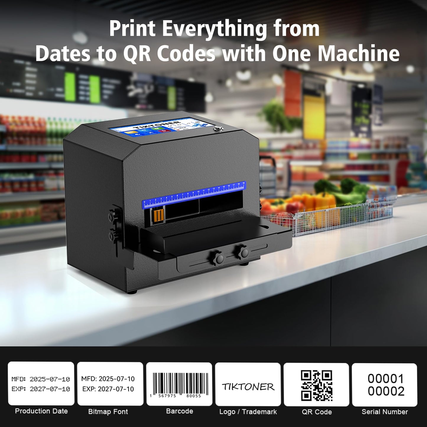 TIKTONER Inkjet Coding Machine with 42ml Fast Dry Ink Cartridge, Date Printing Machine with 7" Touch Screen, Metal Inkjet Coder Print on Various Materials Batch Code Printer for Text Date Lot Number