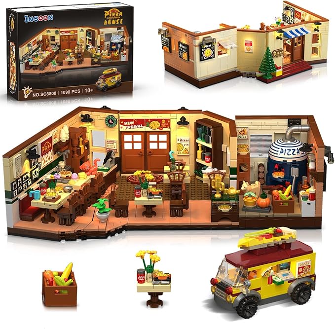 City Street Pizza Restaurant Building Set with Light 1098PCS Pizzeria House Architecture Model with Retro Pizza Van Home Decor Construction Building Block Gift for Adults Teens Boys Girls 10+