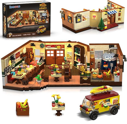 City Street Pizza Restaurant Building Set with Light 1098PCS Pizzeria House Architecture Model with Retro Pizza Van Home Decor Construction Building Block Gift for Adults Teens Boys Girls 10+