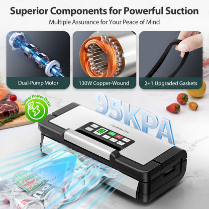 95kPa Vacuum Sealer Machine with AquaLock Technology, for Moist Seals, 2X Seal & 130W, Fully Automatic Food Sealer, Built-In Cutter