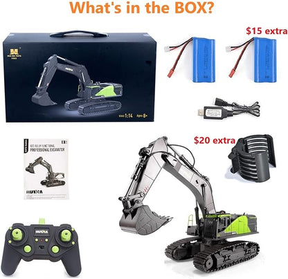 RC Excavator for Adults Huina 1593 Fully Functional 1:14 Toy 28 Channel Remote Control Truck Construction Vehicle Metal Bucket LED Lights Simulating Sounds 2 Batteries and Gripper 2026 Model