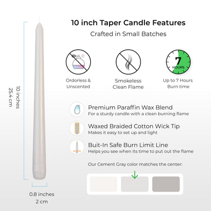 Cement Gray Candles 10 Inch, 12 Pack - Unscented Dripless Dinner Candles, 7 Hour Burn Time, Premium Solid Wax Candlesticks for Weddings, Parties, Events & Home Decor