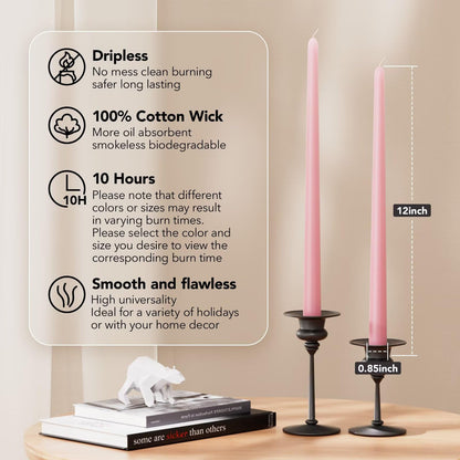 Pickood 12-Inch Tall Dripless Taper Candles Set of 4 - Pink Tapered Candles, Perfect for Spring - Smokeless, Unscented, Long Burning - Hand Poured, Colored Tall Candlesticks - Light Pink