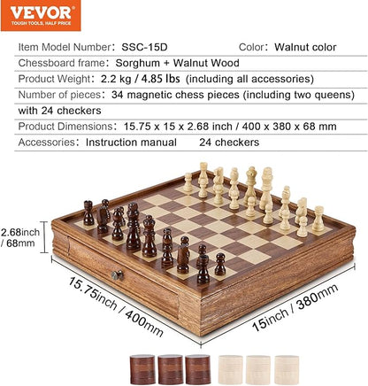 VEVOR Solid Wood Chess Set 15 inch 2-in-1 Chess Checkers Game Set Chess Board Games with Storage Drawer &amp Weighted Chess Checkers Pieces &amp 2 Queens Christmas Crafts Xmas Gift