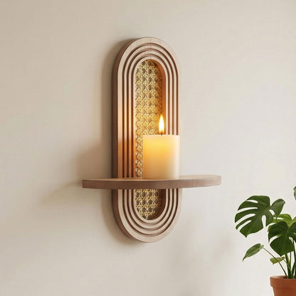 Wall Candle Holder Sconce, Set of 2 Wooden Wall Mounted Candle Holder with Arched Shelf and Gold Metal Vine Detail, Decorative Wall Sconce for Pillar Candles, Living Room Bedroom Entryway Decor