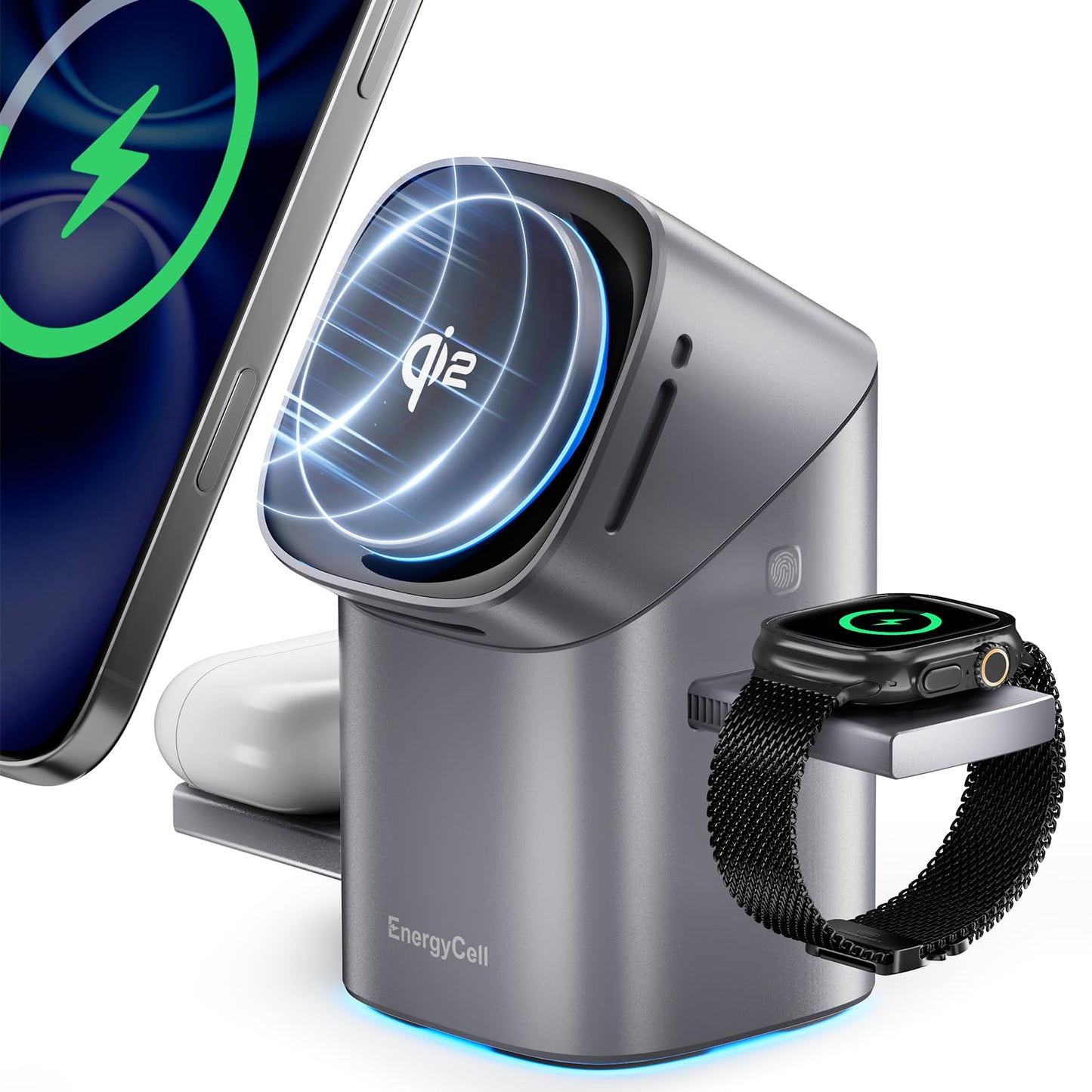 EnergyCell Rotating Wireless Charger, Qi2 Certified 2X Faster 15W for iPhone Charging Station 16/15/14/13/12, Apple Watch, AirPods, 3 in 1 Charging Station Apple Magnetic with Heat Dissipation, Grey