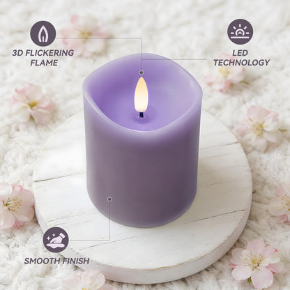 Velsyn Purple Flameless Candles with Remote and Timer, Real Wax Made LED Pillar Candles Battery Operated with 3D Flickering Flame Melted Edge, 3" x 4",5",6", Set of 3 (Pastel Purple)