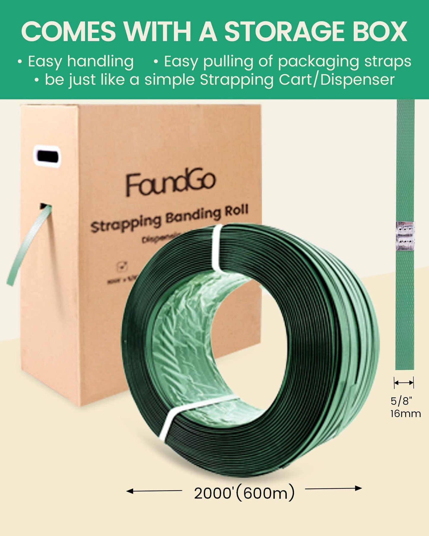 FoundGo PET Banding Strapping Kit for Heavy Duty Tough Pallet Packaging Strapping Tool with >1500lbs 5/8" x 2000' PET Strapping Roll & its own Pull-Out Box 200 Corner Protectors 450 Seals-Green