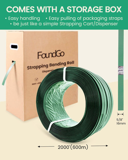 FoundGo PET Banding Strapping Kit for Heavy Duty Tough Pallet Packaging Strapping Tool with >1500lbs 5/8" x 2000' PET Strapping Roll & its own Pull-Out Box 200 Corner Protectors 450 Seals-Green