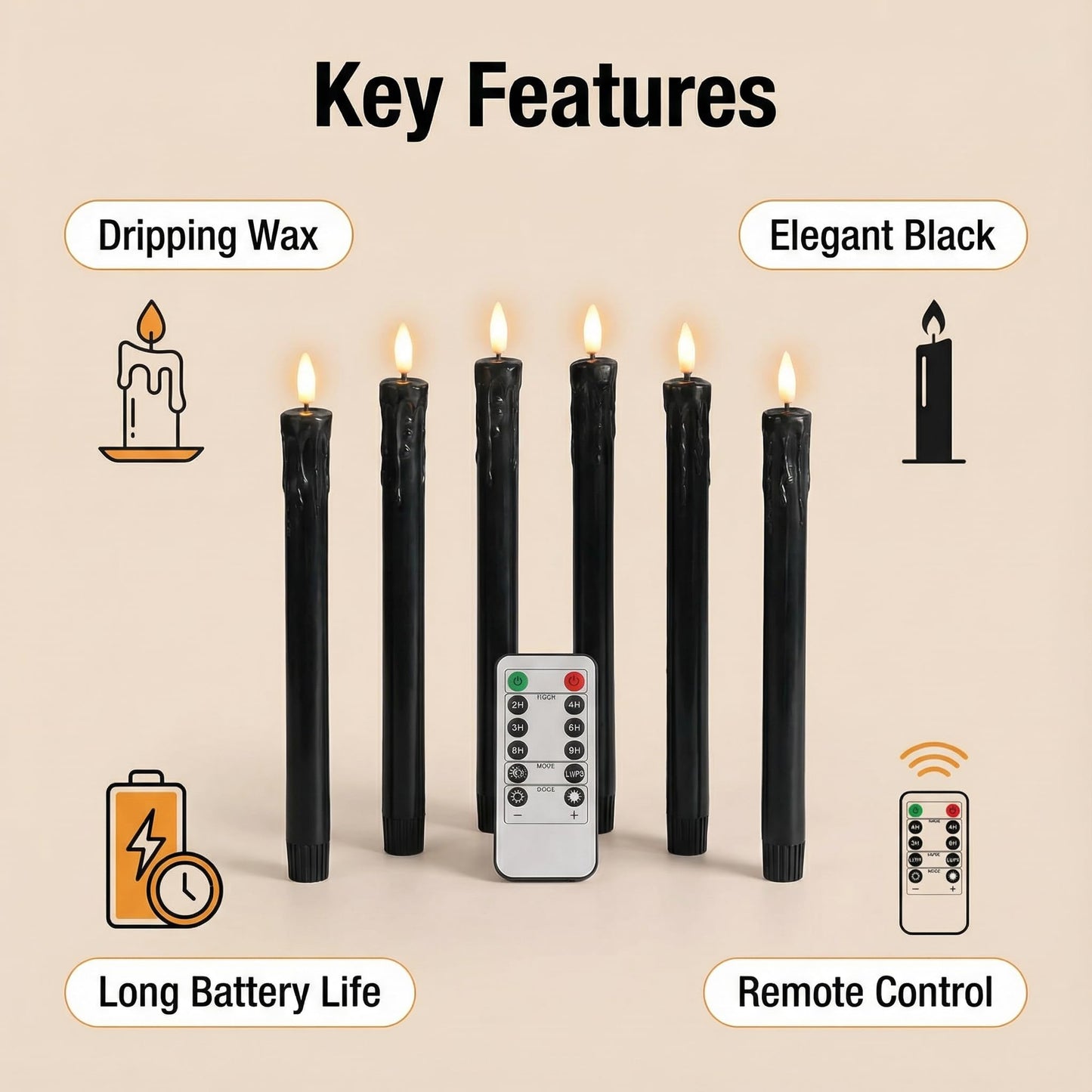 Eywamage Black Dripping Wax Flameless Taper Candles with Remote, Flickering LED Wax Candlesticks Battery Operated Set of 6