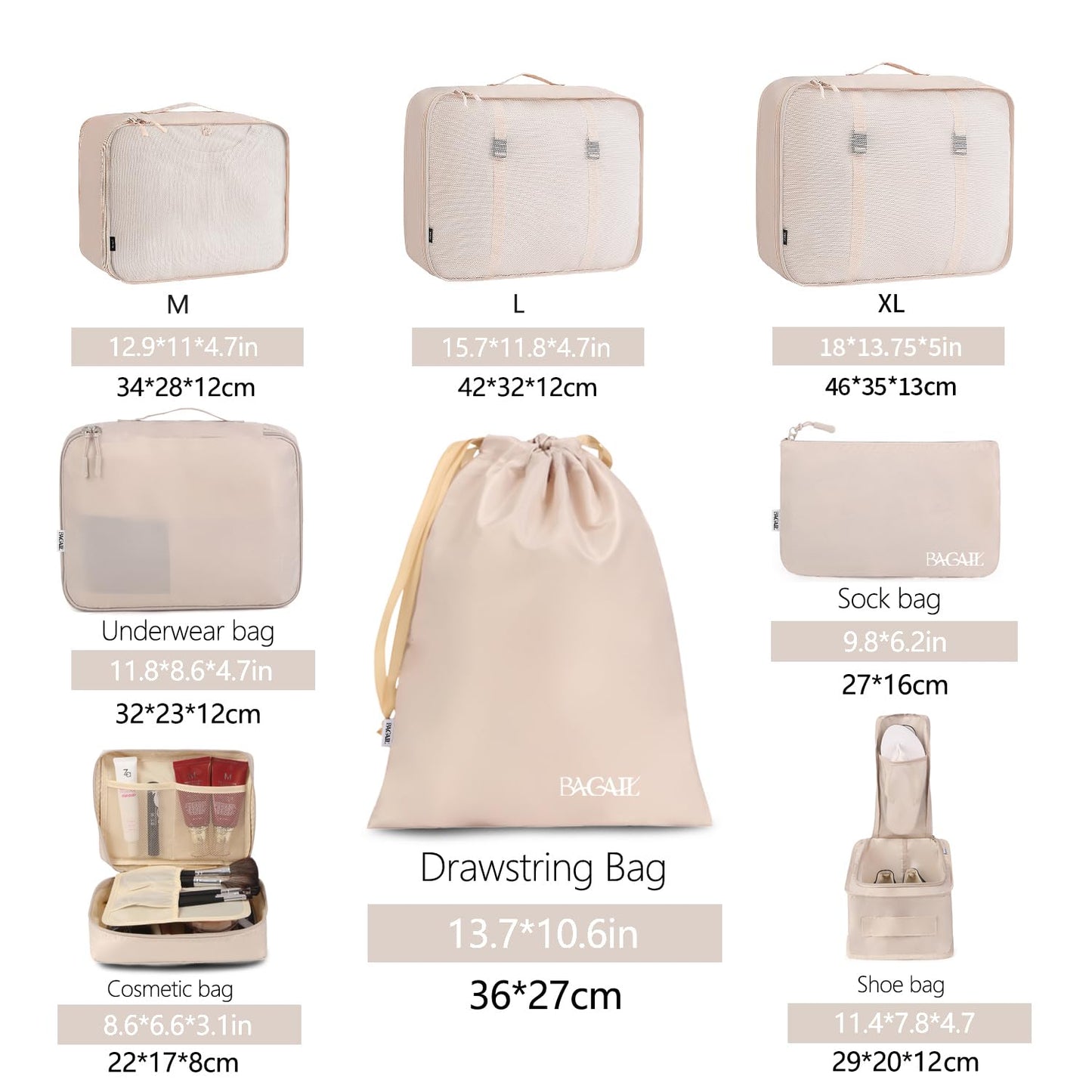 BAGAIL 8 Set Packing Cubes Luggage Organizer Bags for Travel Accessories-Cream