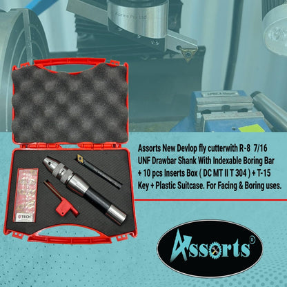 Assorts New Fly Cutter with R8 7/16 UNF Drawbar Shank, indexable Boring bar, 10 PCS Inserts (DCMT 11 T304), T-15 Key & Plastic case. Ideal for Facing & Boring. Watch The Working Video for Details