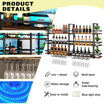 amhricho Wine Rack Wall Mounted with LED Lights, 3 Tier Metal Liquor Floating Display Shelves, with Wine Glass Rack, Iron & Wood Industrial Wall Wine Rack, for Bar, Kitchen, Cafe (Black, 39.4in)