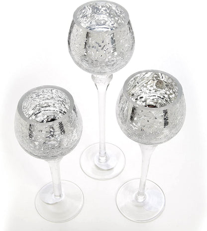 Hosley Set of 3 Metallic Crackle Glass Tealight Holders – 12", 10", 9" Elegant Home Decor, Ambient Lighting, Stylish Centerpieces & Gift Idea