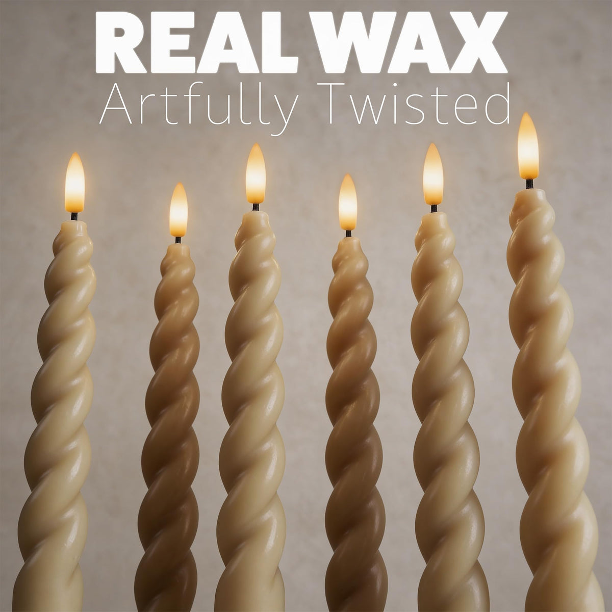 West Ivory Full Twisted Spiral Flameless LED Taper Candles – Light Tan, Set of 6 – 2/4/6/8-Hr Timer (24-Hr Memory), Remote, Dimmable, Bottom On/Off Button, Flicker/Steady, Battery Operated