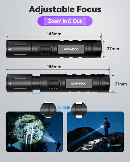 UV Black light Flashlight，Rechargeable 2-in-1 LED White Light Flashlight and BlackLight 395nm, Waterproof, Zoomable, Super Bright LED for Camping, Hiking, Pet Urine Detection, Scorpion Detection