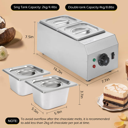 Dyna-Living Chocolate Melting Pot 2-Tanks Commercial Chocolate Tempering Machine Chocolate Tempering Pot 1000W Electric Chocolate Melter Pot Chocolate Warmer for Milk Coffee Cheese