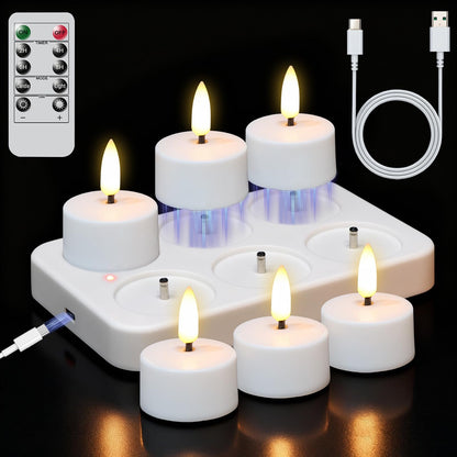 Lasumora Rechargeable Tea Lights Candles with Charging Base, 6pcs Battery Operated LED Flameless Candles with Remote & Timer, Flickering Tea Lights for Halloween Wedding and Home Decor Φ1.57 H1.85