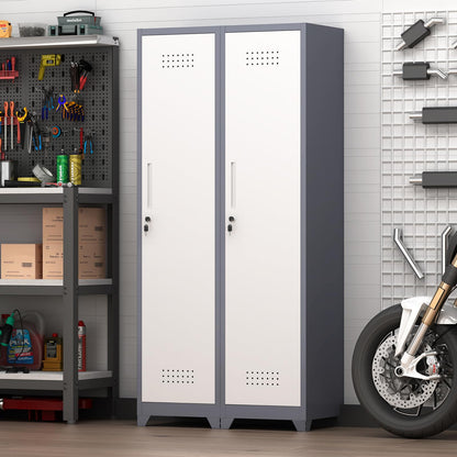 GREATMEET Slim Locking Metal Garage Storage Cabinet, 65" Lockable Utility Closet, Tall Steel Narrow Broom Closet Storage Cabinets with Door and Shelves for Laundry Room, Bathroom, White & Grey
