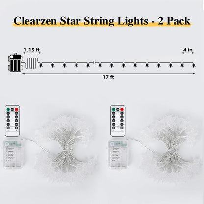 2 Pack Star String Lights Total 33ft 100 LED Hanging Star Fairy Lights Battery Operated for Indoor Outdoor Waterproof Twinkle Lights with Remote Control for Bedroom Party Christmas Decor Warm White