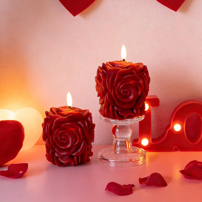 JOIONE Valentines Day Flameless LED Candles, Rose Shaped 3D Flickering Flame Battery Operated Candle with Remote, Romantic Candles for Date Night, Valentine's Day, Wedding and Home Décor, Red