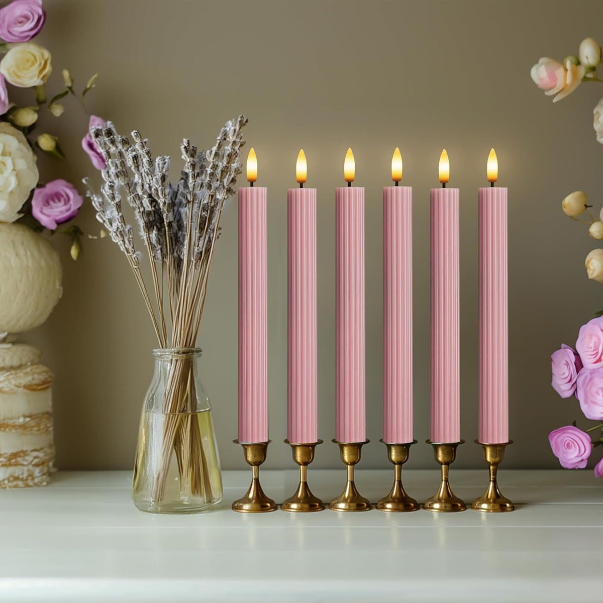 West Ivory 6 Pack, 10" LED Flameless Dusty Rose Fluted Ribbed Grooved Taper Candles, Remote & 24h Timer Memory, On/Off Button, Dimmable, Flicker Mode, Battery Operated, Christmas Menorah Wedding