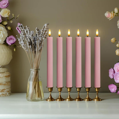 West Ivory 6 Pack, 10" LED Flameless Dusty Rose Fluted Ribbed Grooved Taper Candles, Remote & 24h Timer Memory, On/Off Button, Dimmable, Flicker Mode, Battery Operated, Christmas Menorah Wedding
