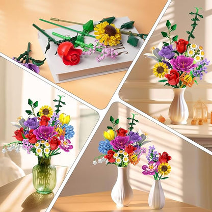 Flower Bouquet Building Set Easter 18 Flowers Rose Building Block Botanical Collection Building Block Toy Plant Home Decor 1015 PCS Gift for Her Adults Women Kids Boys Girls 12+