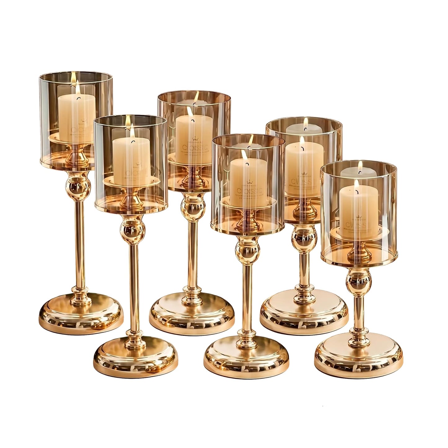 Oakernel Gold Hurricane Candle Holders - Set of 6 Tall Candlestick Holders Windproof Taper Candle Holders, Metal Stand for Table Centerpiece Outdoor Indoor Wedding Party Holiday Decor