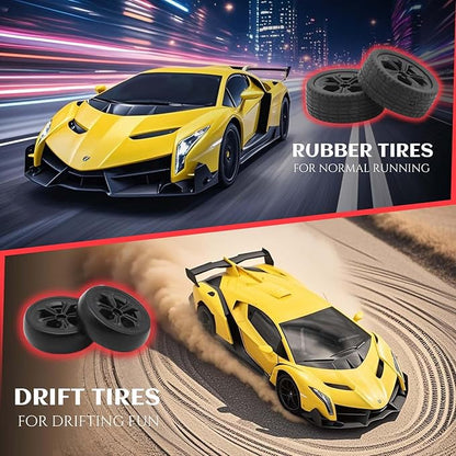 QUN XING Remote Control Car 1:24 Officially Licensed Lambo veneno RC Drift Car with LED Lights 2.4GHz 4WD 15KM/H Fast Speed Control Rechargeable Battery 800mah Birthday for Kids Boys 8-12Yellow