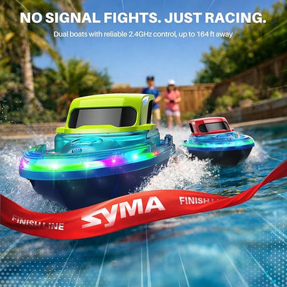 SYMA 2 Pack RC Boats for Kids Remote Control Boats for Pool 7-Mode LED Light Up &amp Water Spray Up to 40 Min Total (2 Batteries) 2.4GHz 164 ft Range Gift for Boys &amp Girls