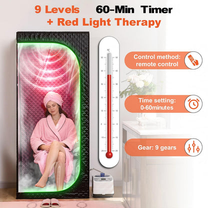 UNANEST Portable Steam Sauna Tent for Home, Infrared Sauna, Tent with Clear View Door and Red Light, Black, Full Size Square Sauna for Home, 3L Steamer, 9 Heat Levels