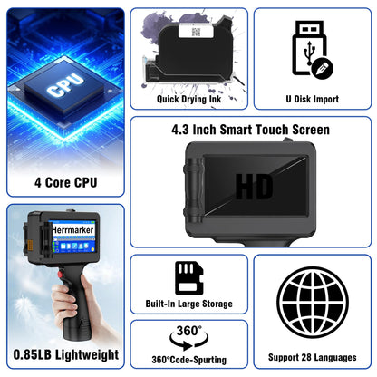 TIJ314 Handheld Inkjet Printer Gun, Handheld Printer with 42ml Quick-Drying Ink Cartridge, 4.3" Touch Screen Date Printing Machine for Barcode,Text,QR Code,Batch Number on Carton Plastic Tube Metal