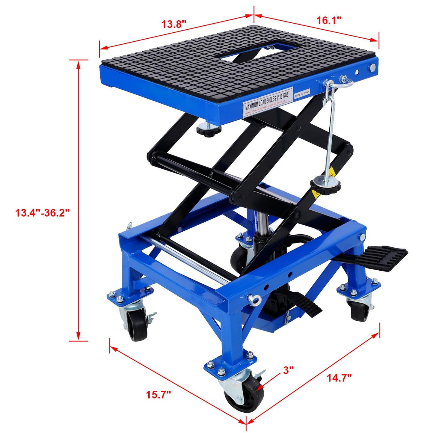 SPOFLYINN 300 Lbs Hydraulic Motorcycle Scissor Jack Lift Foot Step with 4 Wheels Jack Stand Portable Lift Table for Small Dirt Bikes Blue