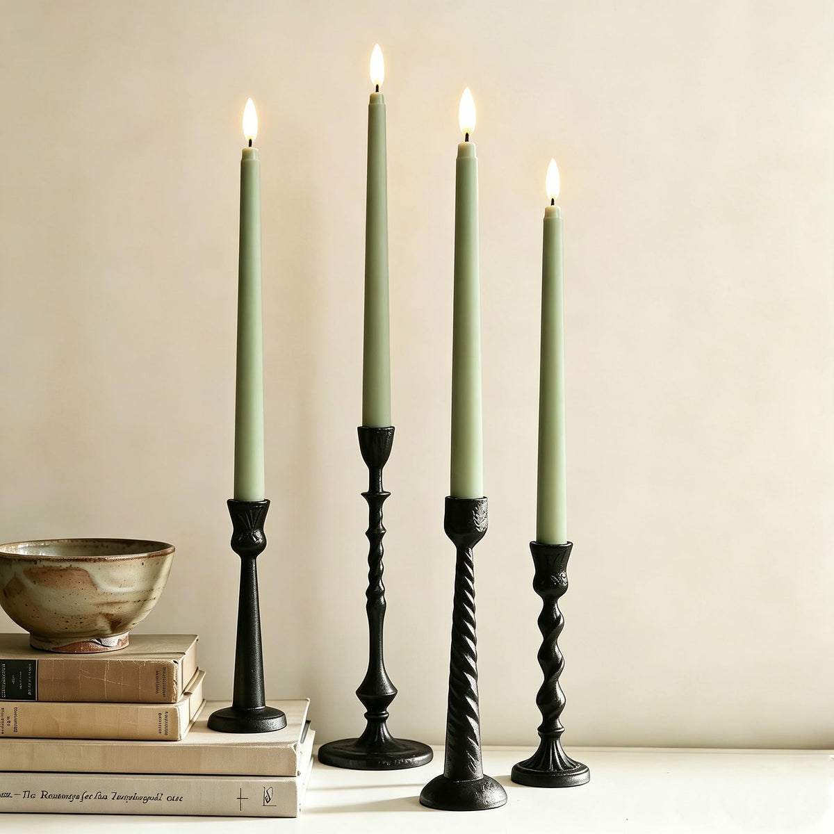 Ni-JASW Sage Green Flameless Taper Candles with Remote, Flickering Battery Operated LED Candlesticks Home Decor Set of 4