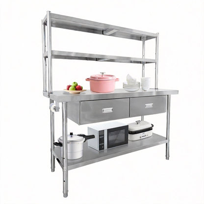 Garvee Stainless Steel Table with Shelves and Drawers, 48" X 24" Commercial Work Tables with 2-Tier Overshelves, Metal Kitchen Prep Table for Home Restaurant Garage, Commercial Workbench
