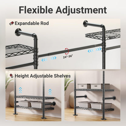 Timate F3 Medium Wall Mounted Clothes rack Expandable Closet, Industrial Pipe Clothing Rack for Hanging Clothes, Heavy Duty Clothes Rack with Shelves, Garment Rack Wall Closet System Black Pipe Closet