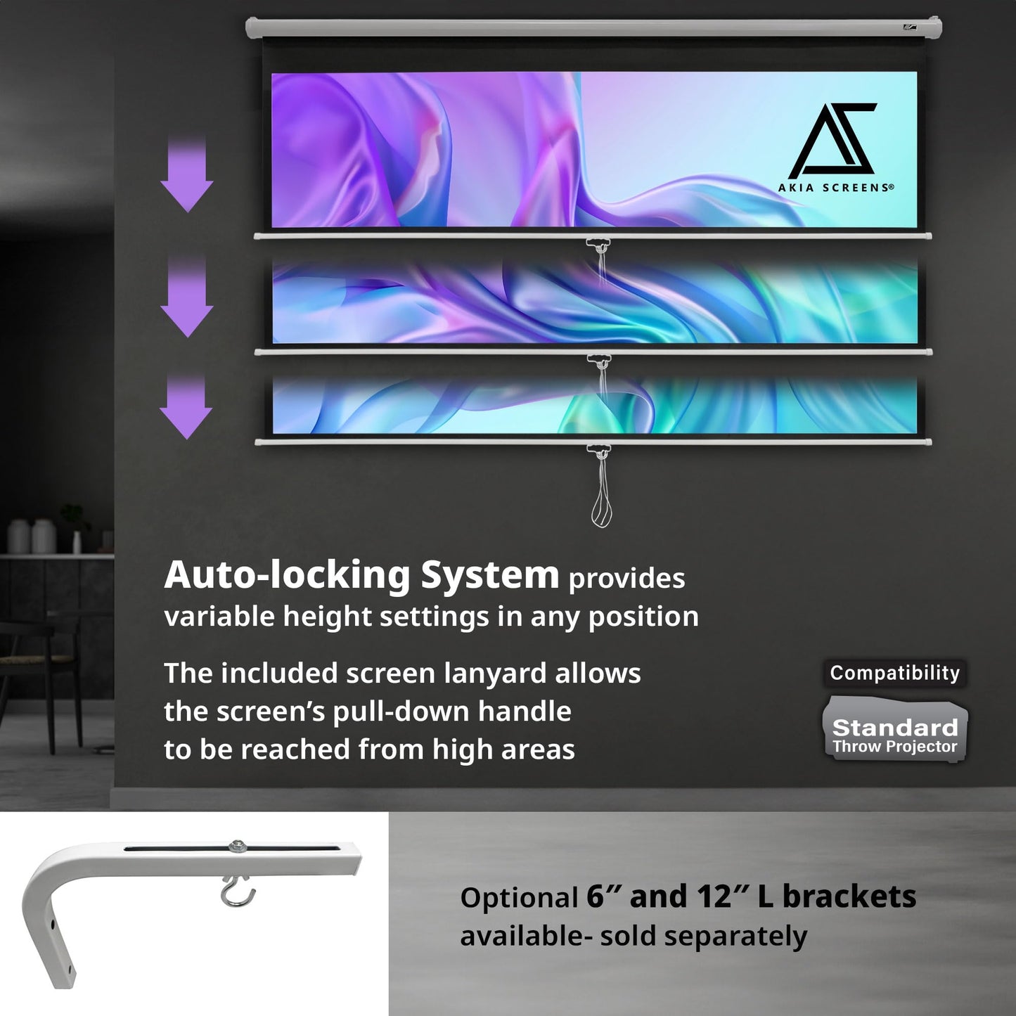 Akia Screens 110 inch Pull Down Projector Screen Manual B 16:9 8K 4K HD 3D Ceiling Wall Mount White Portable Projection Screen Retractable Auto Locking for Indoor Movie Home Theater Office AK-M110H1