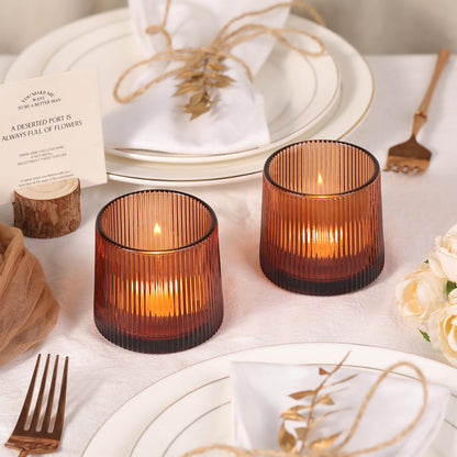 Amber Ribbed Tealight Votive Candle Holders Set of 10- Votive Candle Holders for Table Centerpiece, Tea Light Candle Holder Glass for Wedding and Home Decor, Blue Decor and Gifts