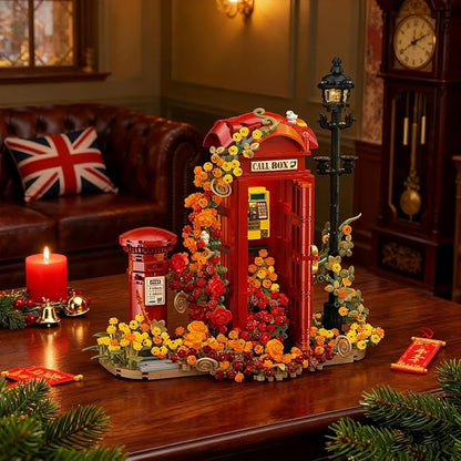 London Retro Red Telephone Booth Architecture Set with LED Lighting Creative Flores Phone Box for The Office and Home Set Adult Collector Decor 1142pcs