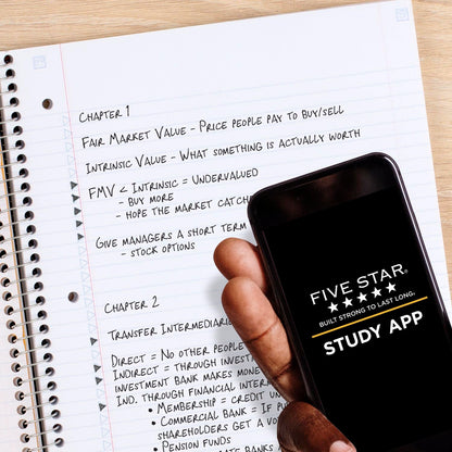Five Star Spiral Notebook + Study App, 5 Subject, College Ruled Paper, 8-1/2" x 11", 200 Sheets, Fights Ink Bleed, Water Resistant Cover, Black (72081)