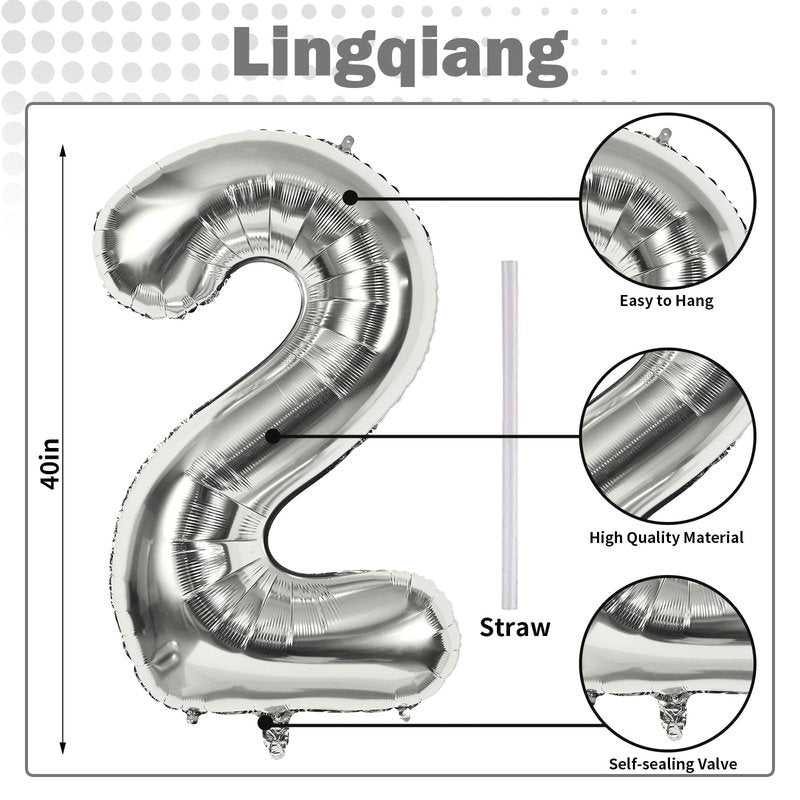 Silver Number Balloons, 40 inch Large Number 2 Foil Helium Balloons for Girls Women, Self Inflating Number Balloons 0-9 for Men Boys 2nd 12th 30th Birthday Anniversary Party Celebration Decoration