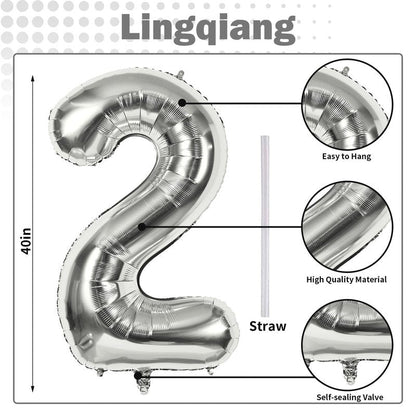 Silver Number Balloons, 40 inch Large Number 2 Foil Helium Balloons for Girls Women, Self Inflating Number Balloons 0-9 for Men Boys 2nd 12th 30th Birthday Anniversary Party Celebration Decoration