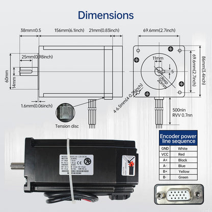 RATTMMOTOR 12N.m Closed Loop Servo Motor Nema34 CNC Kit with 70V DC Power Supply,12Nm 1700oz-in 86x86x156mm 6A+2HSS86 Hybrid 2-Phase Stepper Motor Servo Driver for CNC Router Engraving Milling Machine