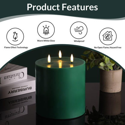 Eywamage Green 3 Wick Flameless Pillar Candle Φ 6" H 6", Giant Real Wax Flickering LED Candle with Remote