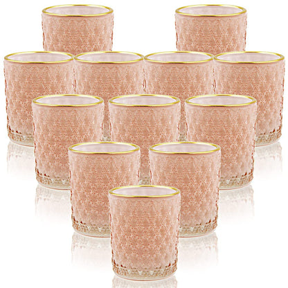 SHMILMH Pink Votive Candle Holders Set of 24, Pink Christmas Table Centerpiece Glass Tealight Holders Bulk with Gold Rim, Tea Candle Holder for Birthday Wedding Decor