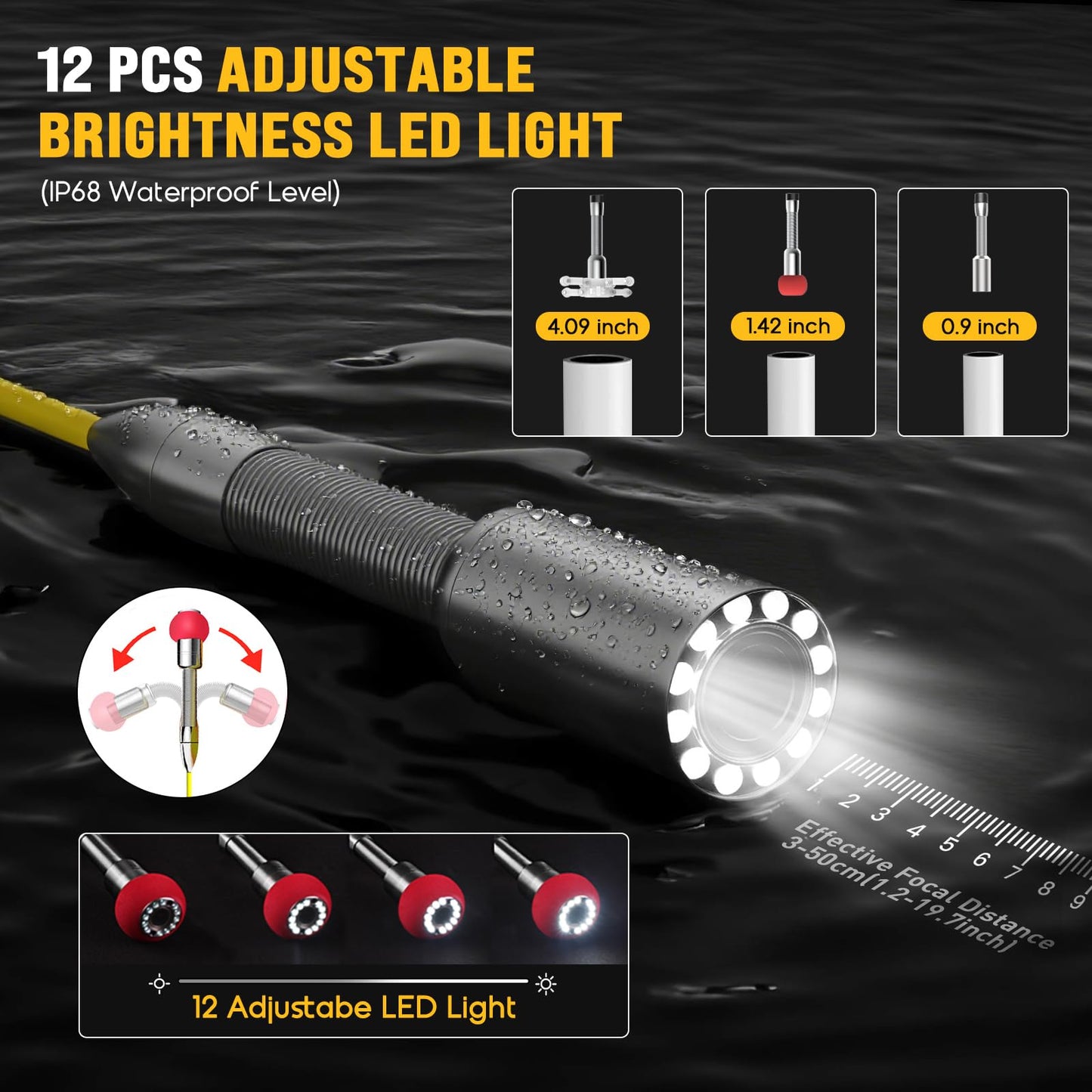 Sewer Camera 100FT, Can Connect External Monitor, Zoom in and Out, IP68 Waterproof, 12 pcs Adjustable Light, Plumbing Snake Cam with DVR Pipe Video Inspection, for Sewer Line, Drain, Duct, Plumbing