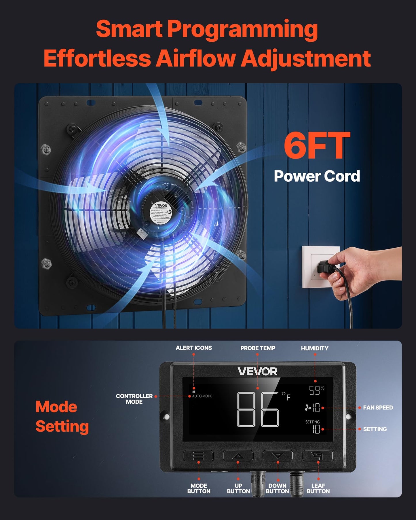VEVOR 10 inch Exhaust Fan, Wall Mounted Attic Fan with Variable Speed, Temperature & Humidity Controller, 1000 CFM, Automatic Shutter